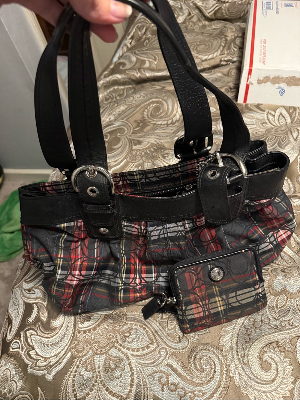 Coach Black & Red Plaid Tote Bag with wallet